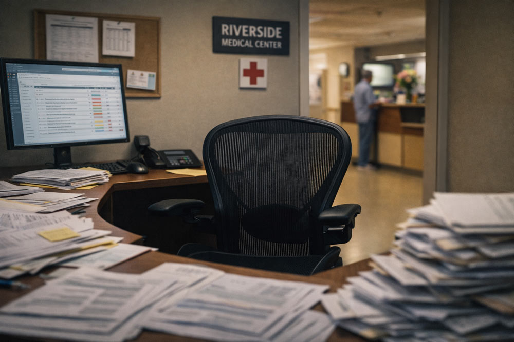 Empty IT workspace representing the challenge of staff transitions at rural hospitals