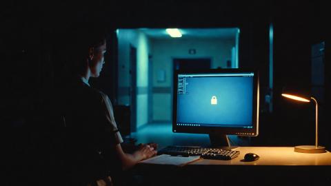 A nurse stares at a monitor in a dimly lit room